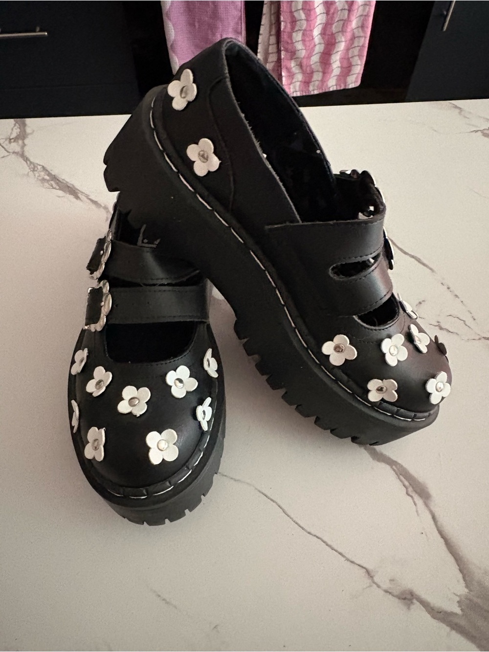 Black & White Flower TUKskin™ Double Decker Mary Jane’s